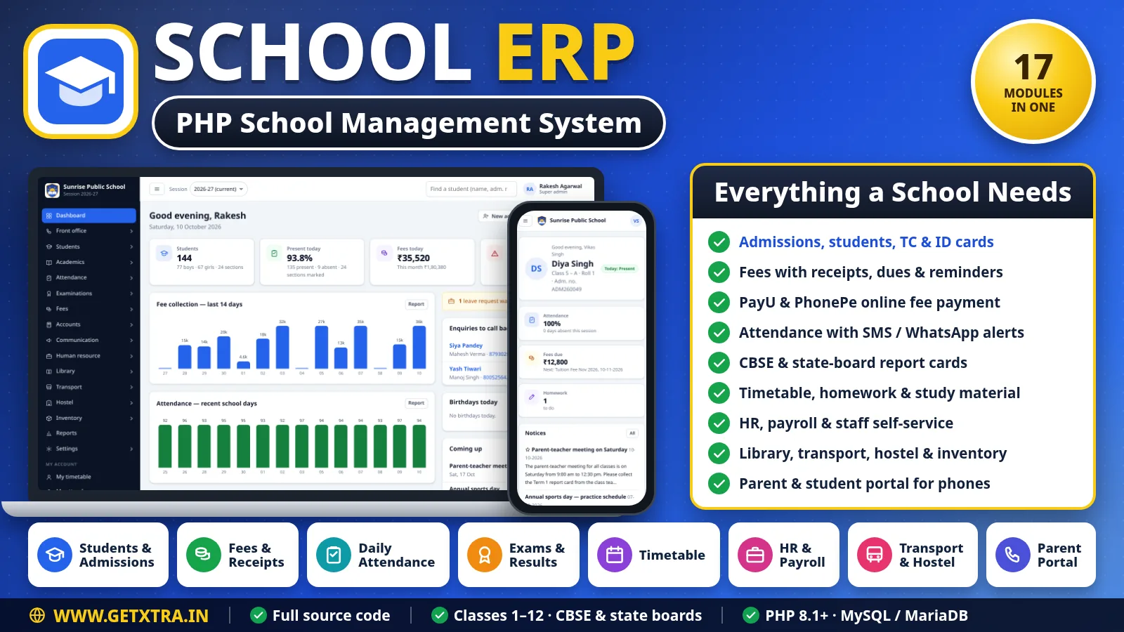 School ERP — the dashboard on a laptop and the parent portal on a phone